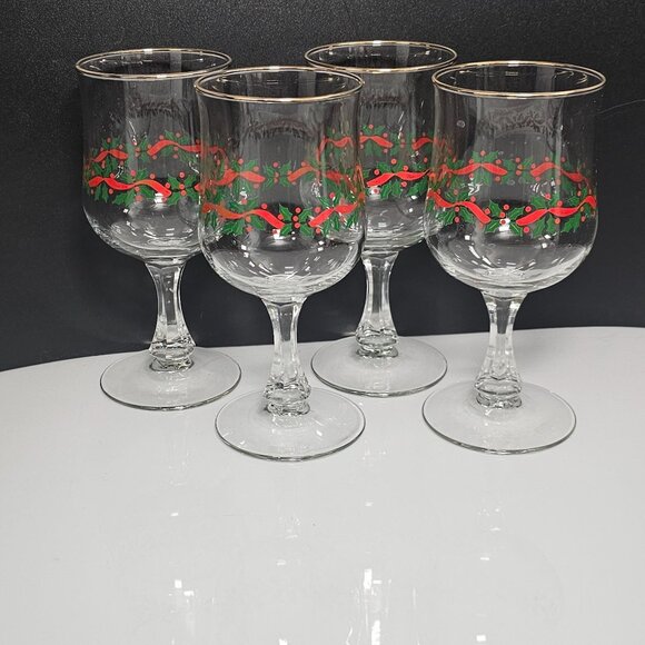 Libbey Other - 4 Libbey Holly Ribbons Wine Glasses 6.5" Christmas water goblets vintage 8oz